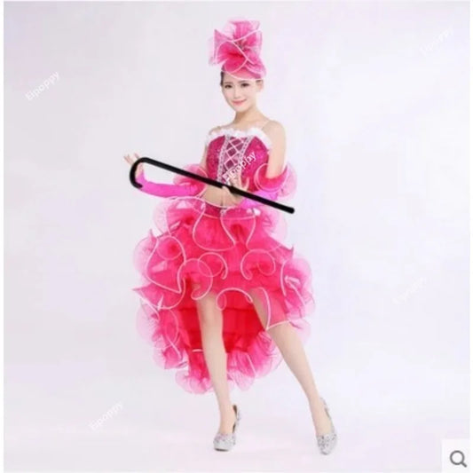 Women's pink sequin jazz costume set with top, skirt and cuffs
