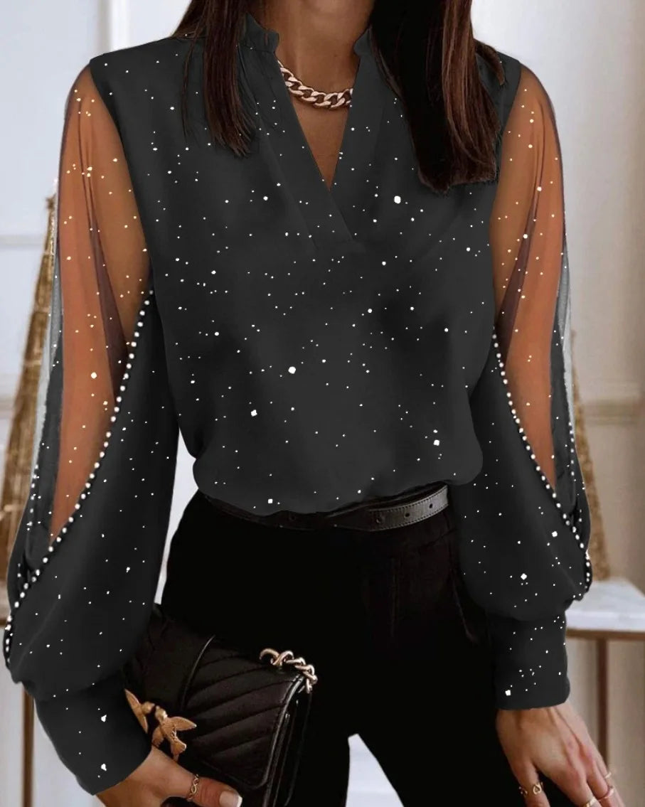 Women's V-Neck Blouse with Sheer Floral Lace Sleeves - Office Top - photo 3