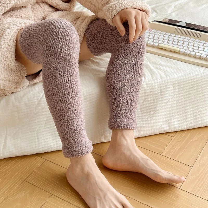 Women's Striped Coral Fleece Leg Warmers, Over the Knee