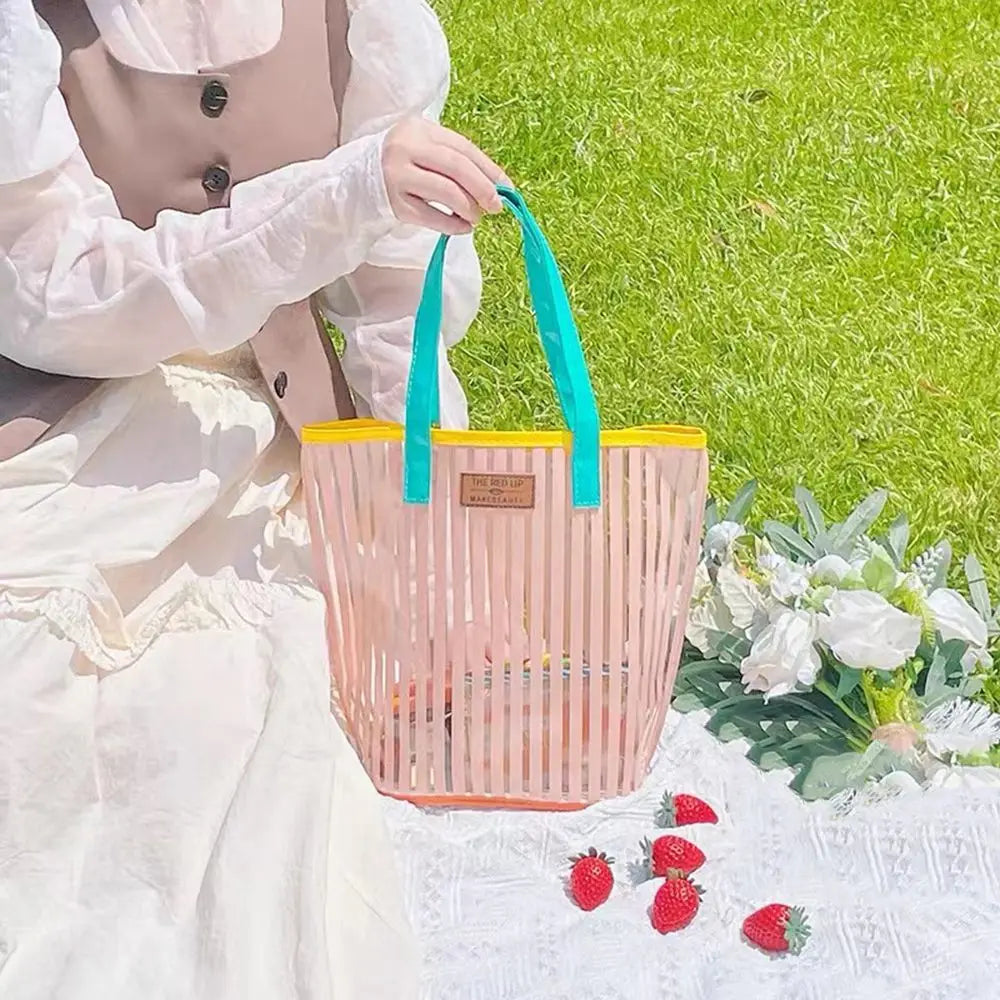 Large Capacity Transparent Handbag Waterproof Stripe Print Beach Bag Wash Bag Protable Travel Shopping Sundry Storage