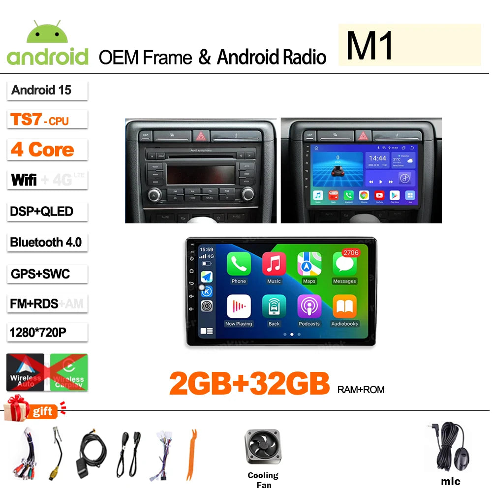 Android Car Stereo for Audi A4 B6 B7, S4, RS4 & Seat Exeo (2002–2009) — CarPlay, Bluetooth, 2-DIN