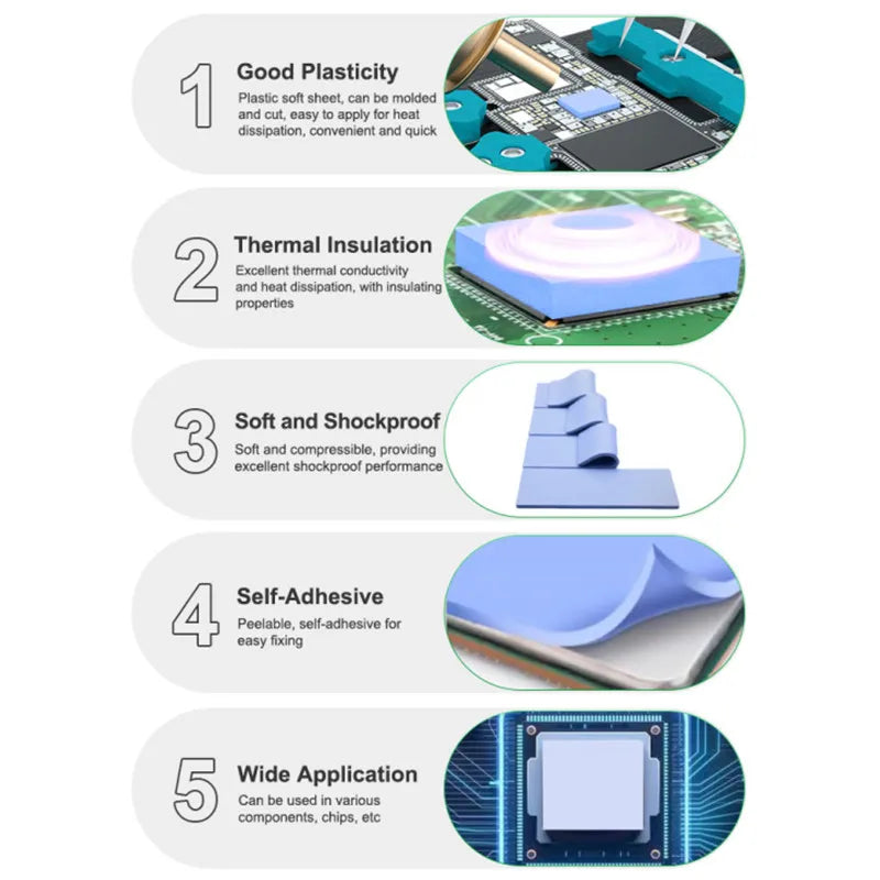 RELIFE RL-098 100PCS Pre-cut Insulating Thermal Pads for IC Chip High Thermal Conductivity Self-adhesive Repair Silicone Sheet