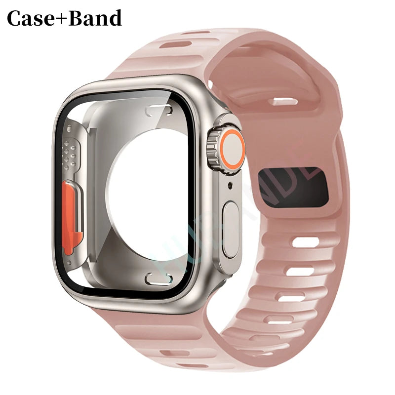 Silicone strap For Apple Watch 44mm 45mm 41mm 40mm Bracelet+Screen protectores Change to Ultra For iWatch Series 9 8 7 SE 6 5 3