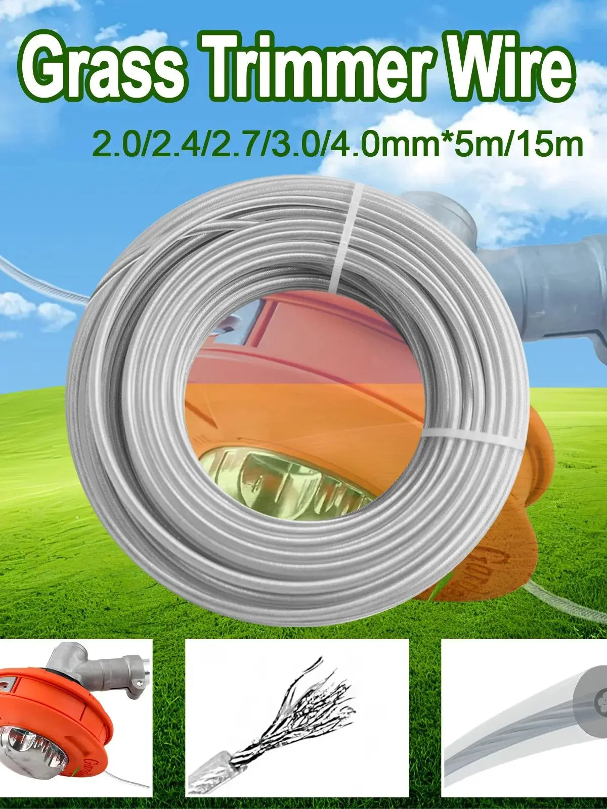 Heavy-Duty Steel Core Strimmer Line – 15m Weed Trimmer Replacement Cord | 2mm, 2.4mm, 2.7mm, 3mm, 4mm