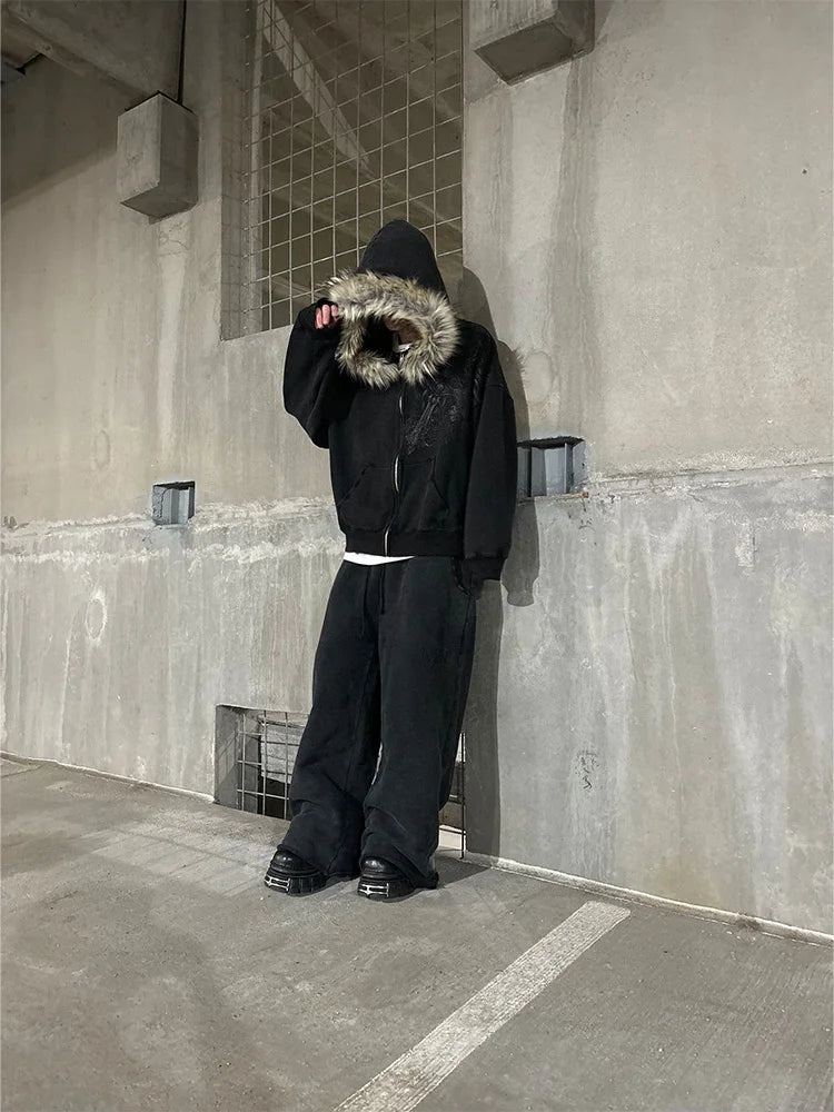 Women's Faux Fur Collar Zip-Up Hoodie, Gothic Streetwear