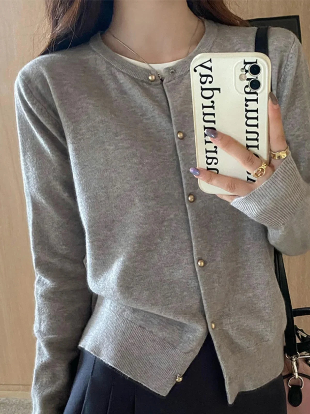 Women's round neck knit cardigan, button front — view 1 of 20