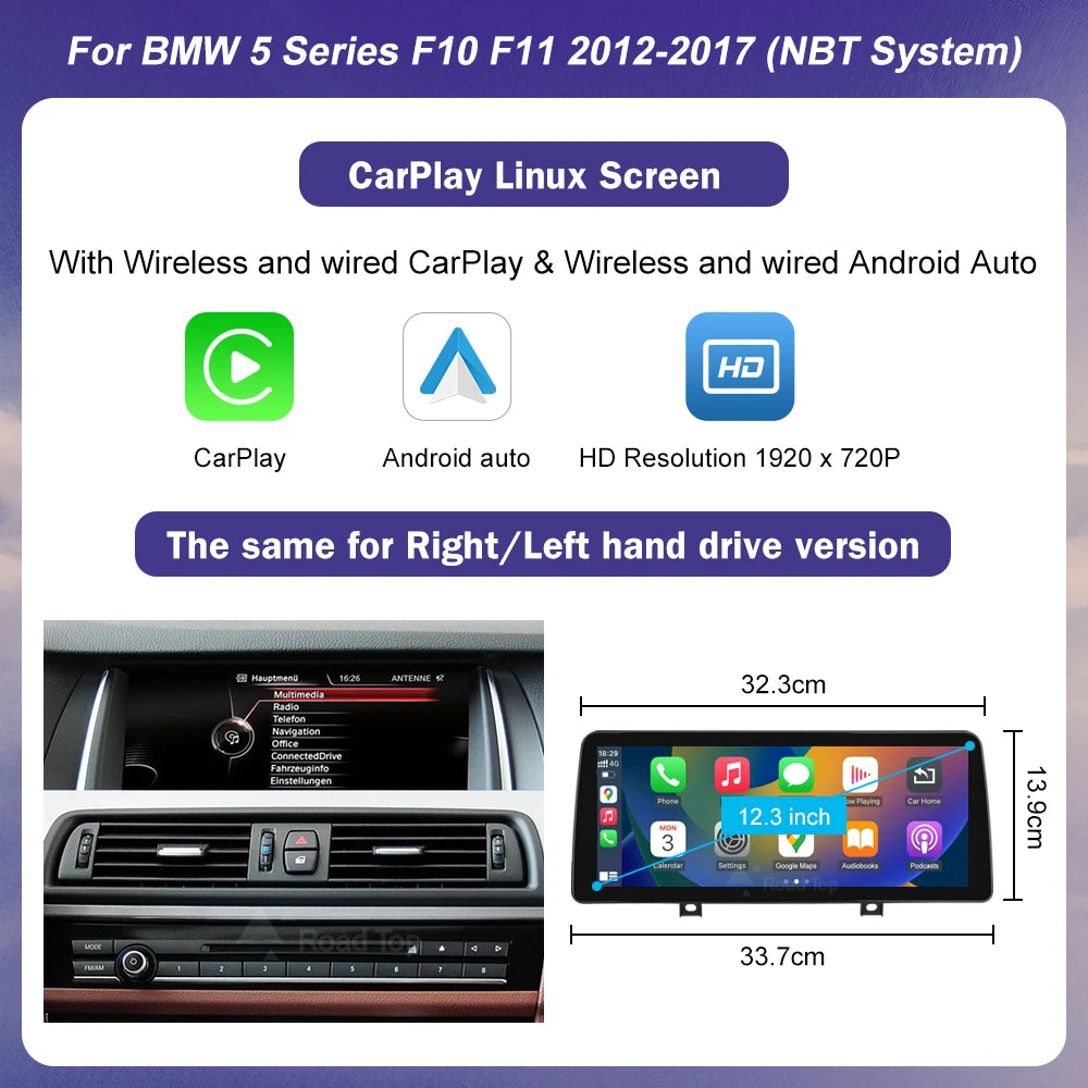1920*720 Multimedia Car Radio Screen For BMW 5 Series F10 F11 CIC NBT System 2011-2017 Wireless Carplay Android Auto Display