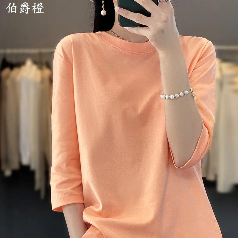 Women's Mercerized Cotton T-Shirt — Loose Round-Neck Half-Sleeve Top