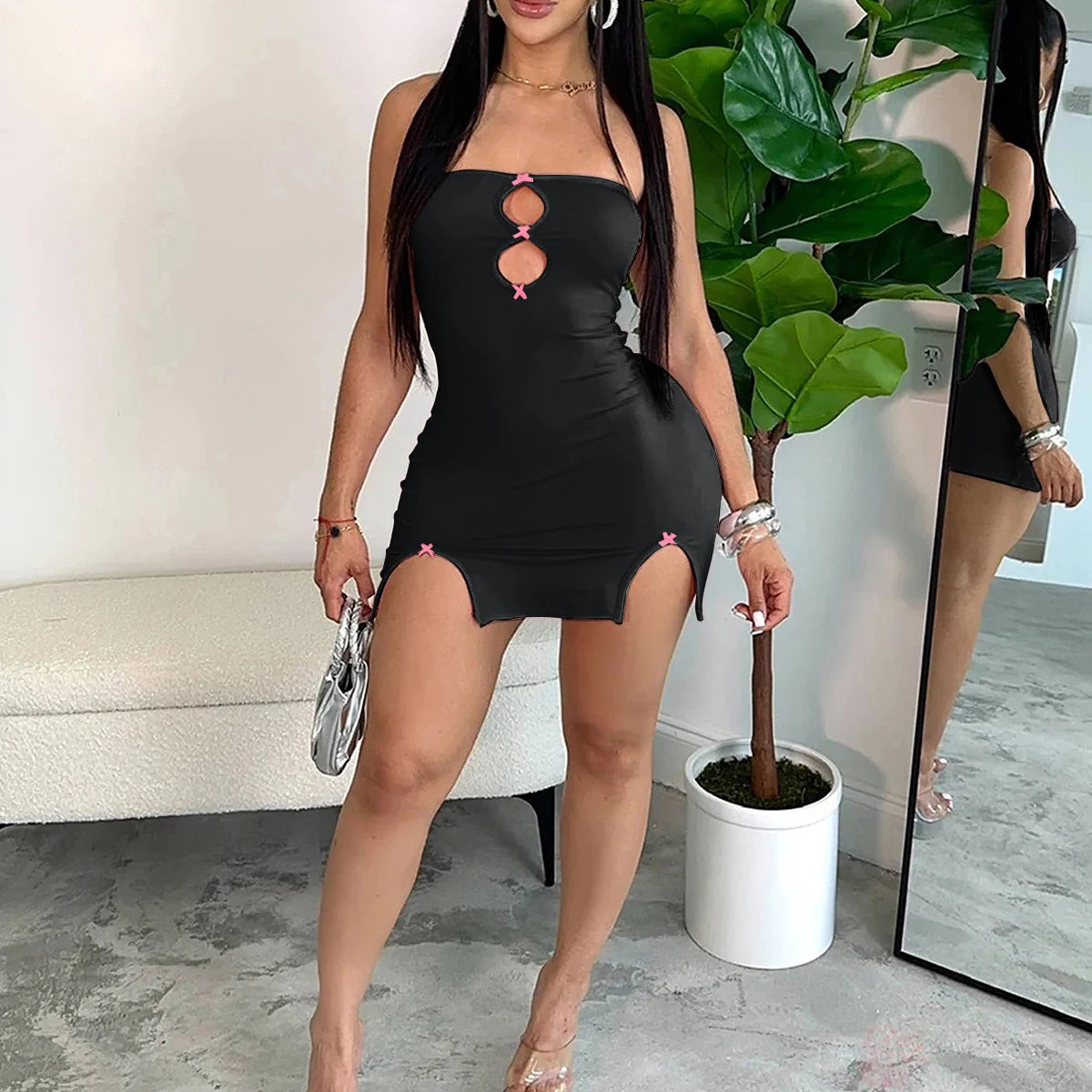 Women's Solid Color Suspender Hollow Out Heart-Shape Bodycon Mini Dress – Sexy Club Dress | XS–XL