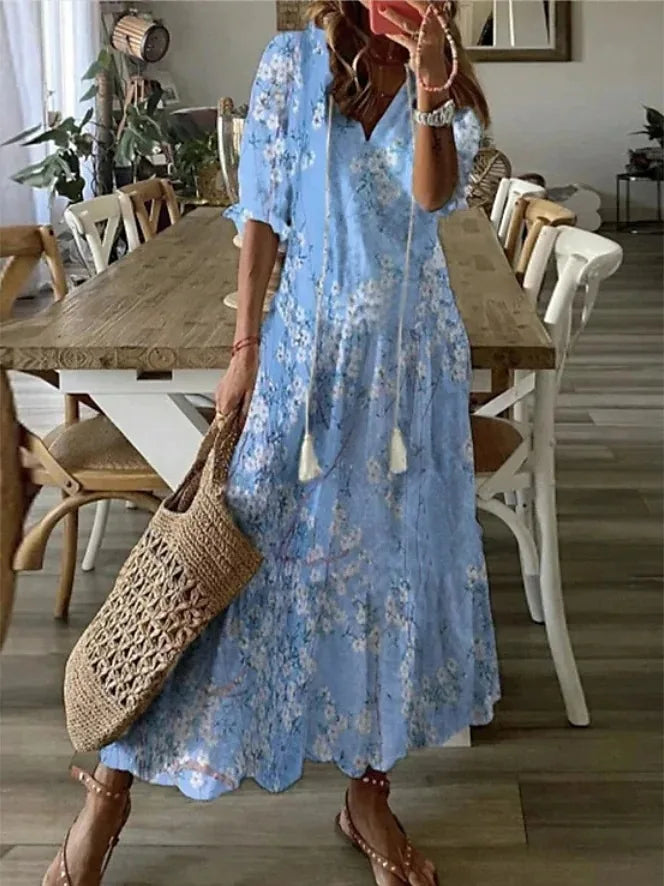 Women's Boho Maxi Dress – Casual V-Neck Drawstring Long-Sleeve Printed Bohemian Dress