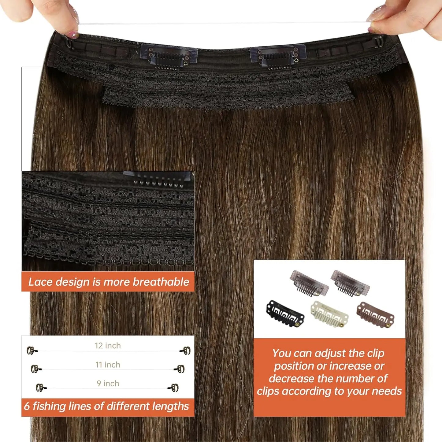 VeSunny Fish Line Human Hair Extension Remy Hair One Piece Invisible Wire Hair Weft Brazilian Hair Balayage Hair Extensions