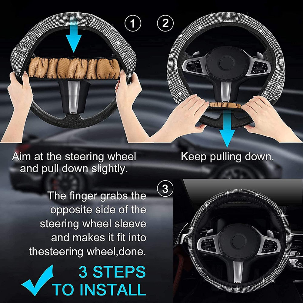 38cm Universal Car SUV Breathable Anti-Slip Bling Rhinestones Steering Wheel Cover for Women Girl with Crystal Diamond Sparkling