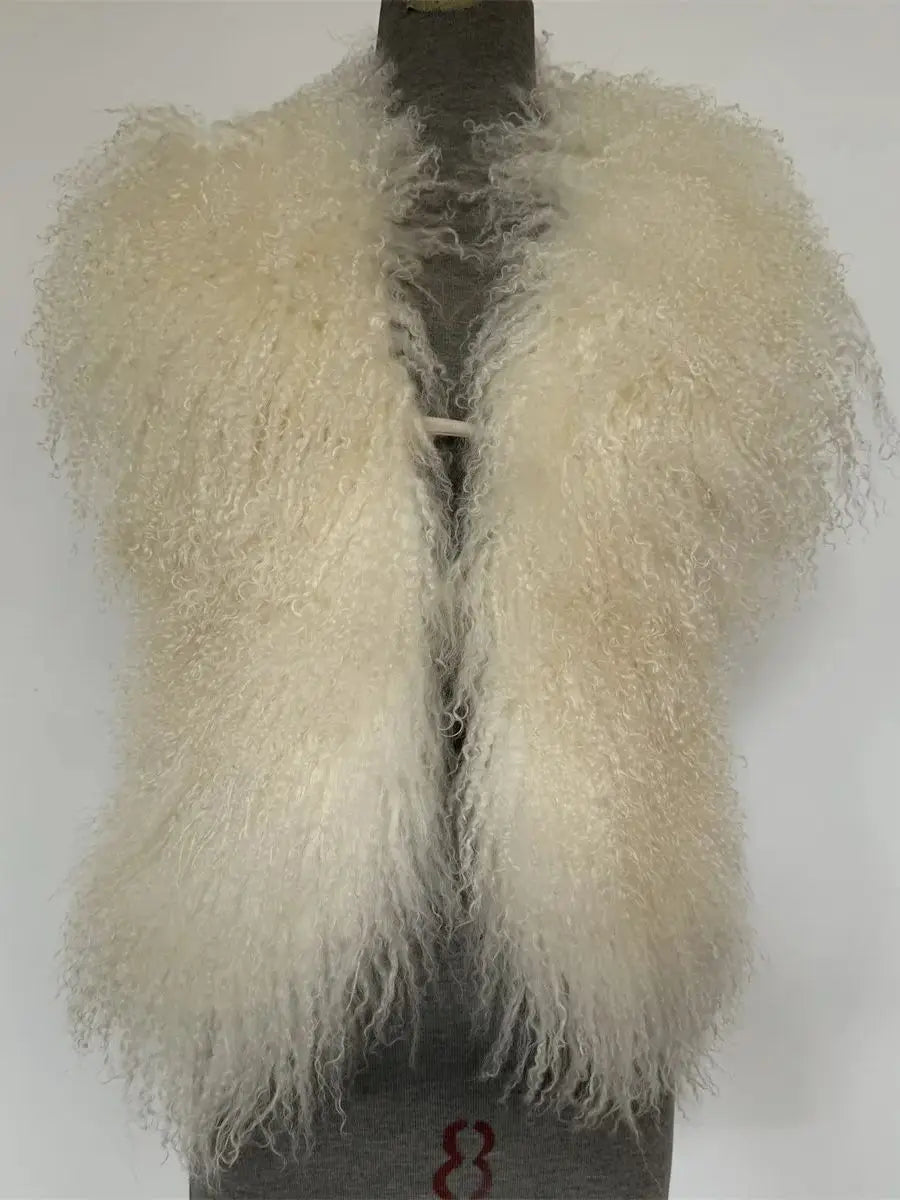 Fluffy Luxury  Real Mongolian Fur Halter Vests Women Solid Deep V-Neck Backless Bandage Sleeveless Jackets Top Outerwear Coat