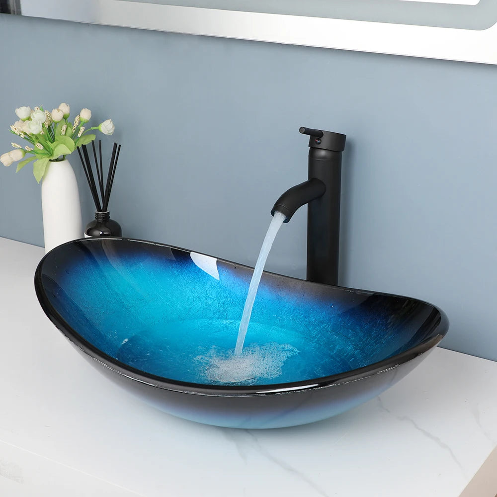 JIENI Tempered Glass Hand Painted Waterfall Spout Basin Black Tap Bathroom Sink Washbasin Bath Brass Set Faucet Mixer Taps Blue