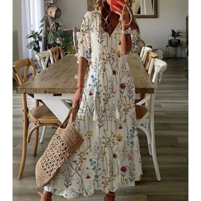 2026 Women Vintage Print Bohemian Dress Summer Fashion V Neck Half Sleeves Long Dresses Female Casual Holiday Beach Dresses