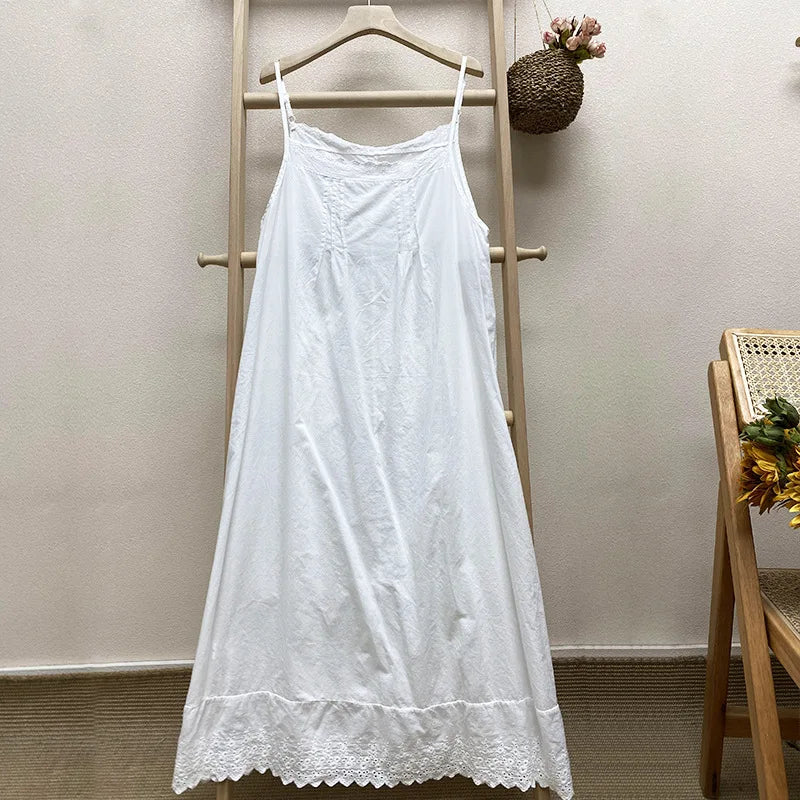 Johnature 2026 Summer New Japanese Casual Spaghetti Strap Thin All Match Dress For Women Solid Color Cotton Female Dresses