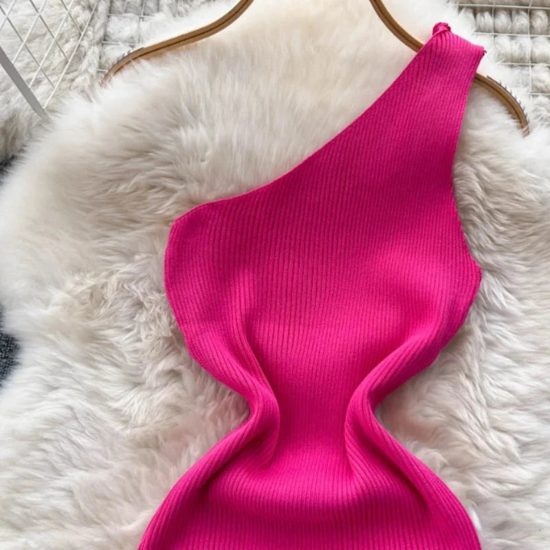 Women's Green One Shoulder Stretchy Knit Mini Dress Ribbed Bodycon Sleeveless Sexy Summer Party Night Club Vacation Dress
