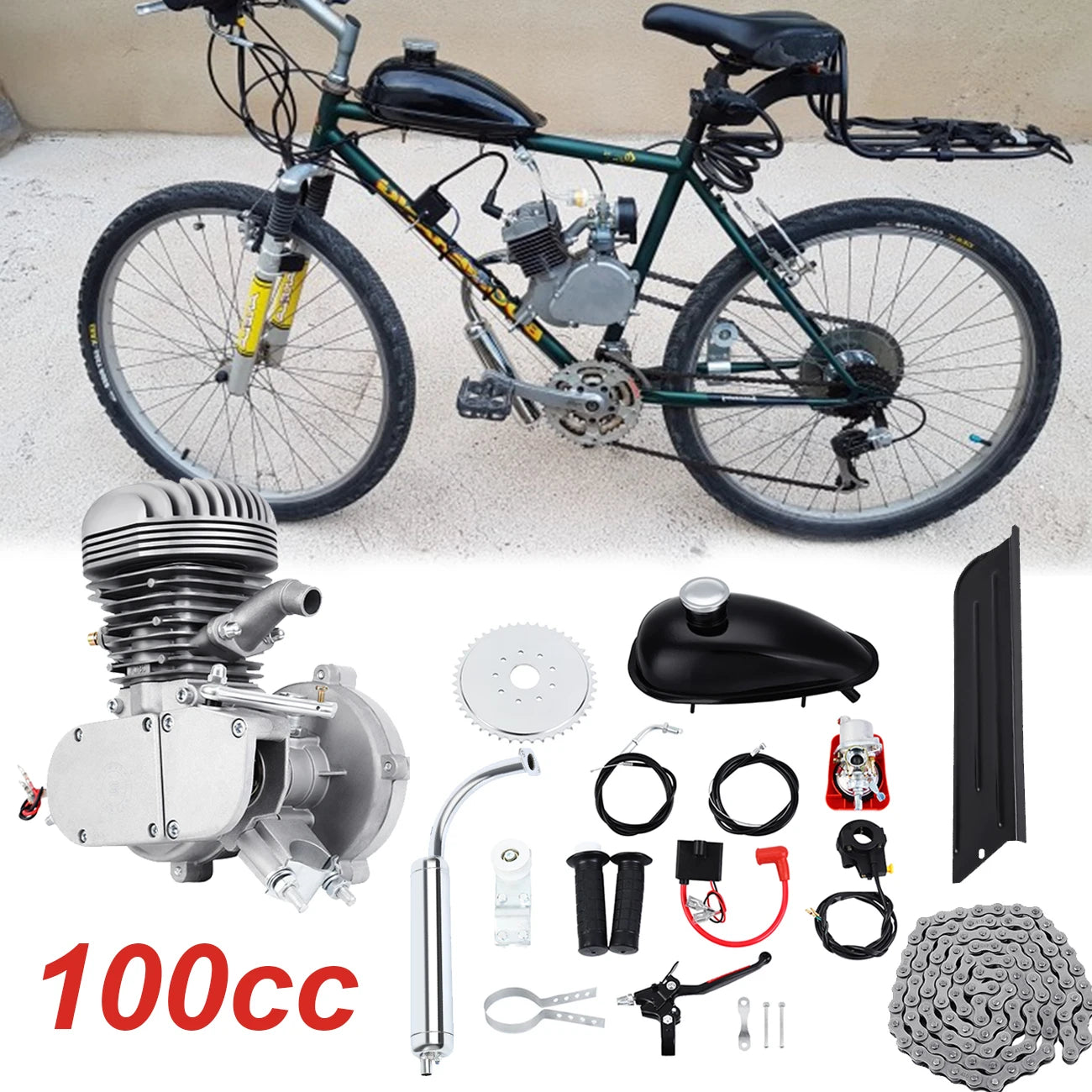 100CC Bicycle Engine Kit 2 Stroke Pocket Bike Engine For DIY Electric Bicycle Complete Engine Silver/Black Color Ship from US
