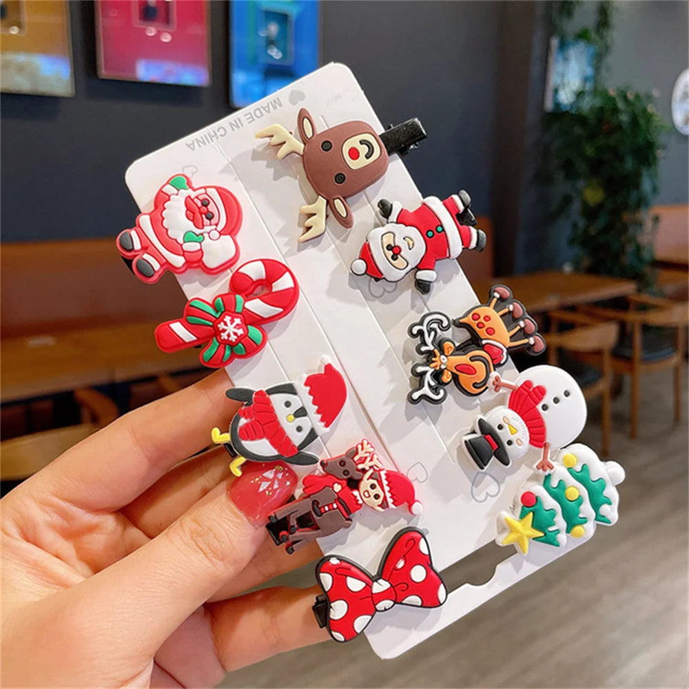 10pcs/Set Funny Christmas Hair Clips Mixed Styles Cartoon Elk Santa Claus Barrettes Kid Girl Xmas Party Headwear Gift