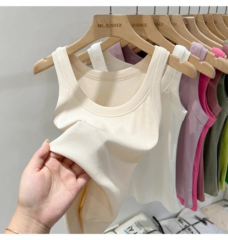 AOSSVIAO Women Solid Round Neck Ribbed Tank Top Camisole Women 2026 Summer Basic Elastic Tank Top O Neck Solid Tank Top