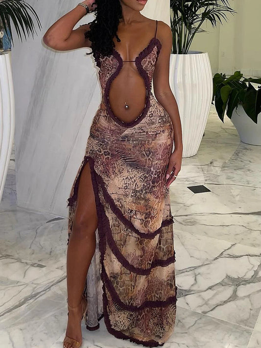 Women's sexy line hollow high slit dress with pleated lace slit dress