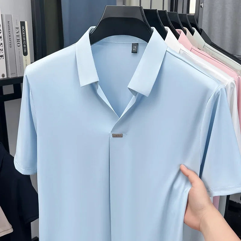 Men's Ice-Silk Polo - Seamless Notch Lapel, Metal-Button Placket