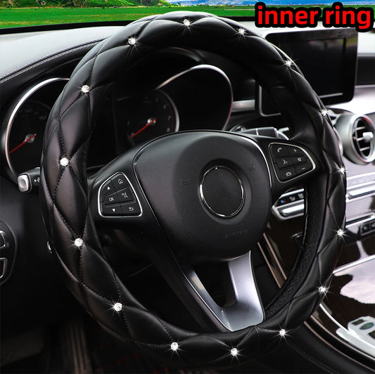 Soft leather embroidered stereo diamond-studded car steering wheel cover with inner ring fits 14.5-15 inches