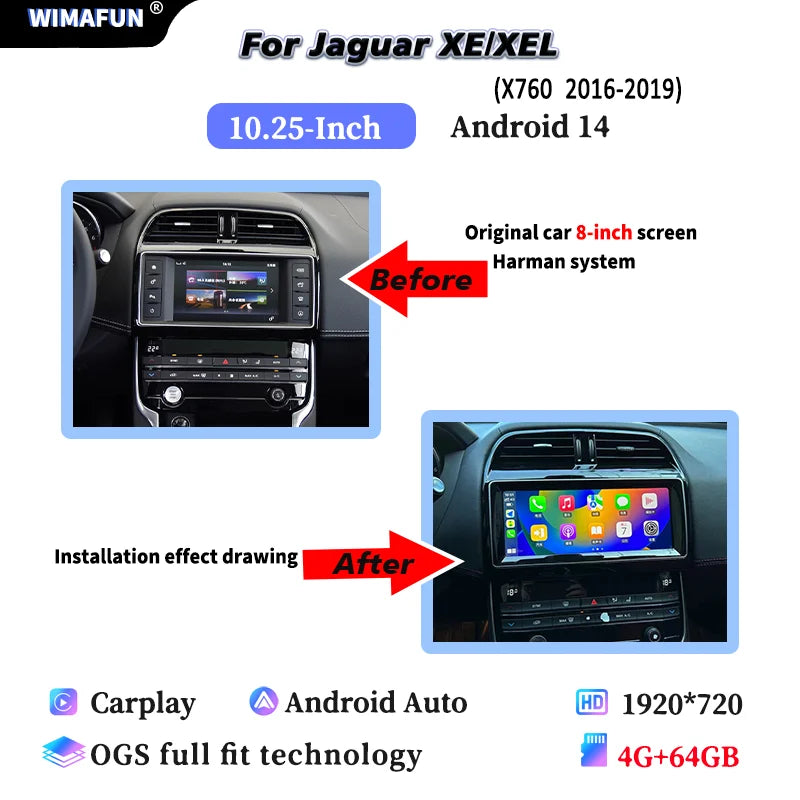 10.25" For Jaguar XE F-PACE X760 X761 Android 14 2016 to 2019 Car Radio Multimedia Player CarPlay and Auto Smart Car System