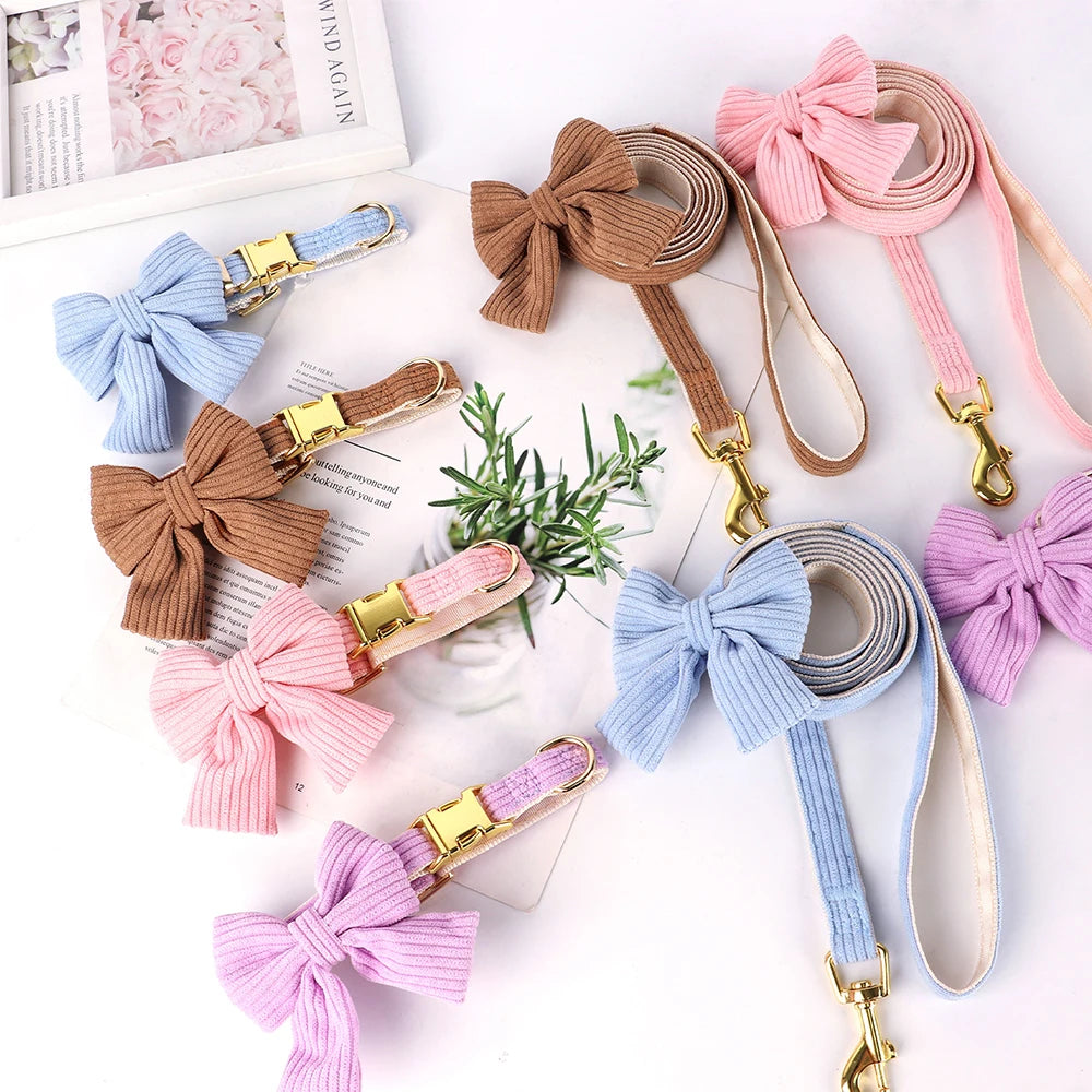 Velvet Bow Dog Collar & Leash Set - Soft Puppy Walking Set - photo 3