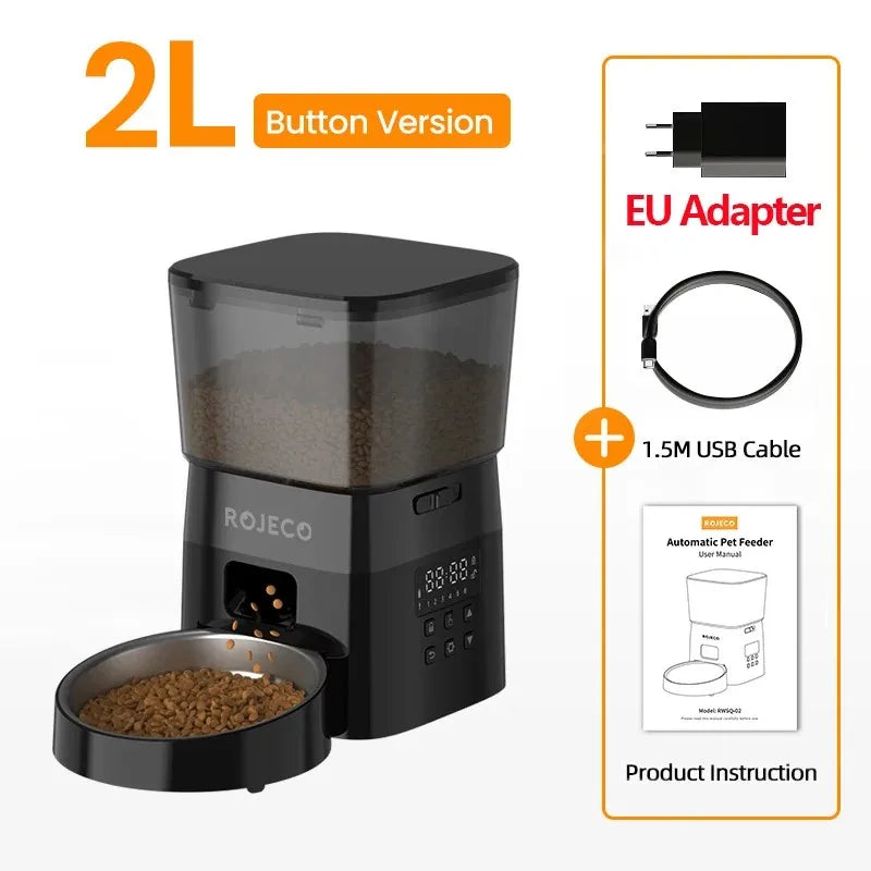 ROJECO Automatic Pet Feeder – 2L Smart Button Control Cat & Dog Food Dispenser | US/EU/KR Plug