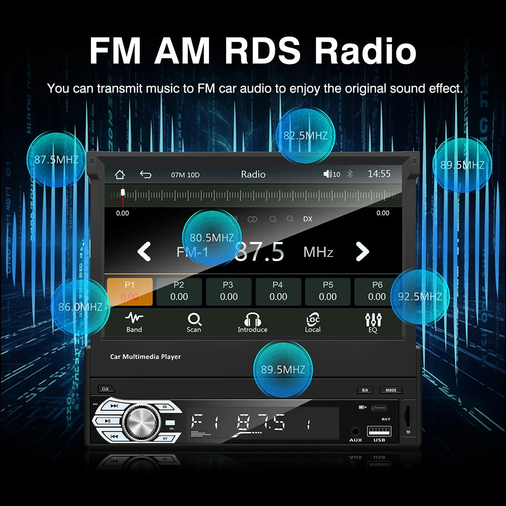 1-DIN 7" Retractable Touchscreen Car Stereo — CarPlay, Android Auto, Mirror Link, FM/AUX, Bluetooth