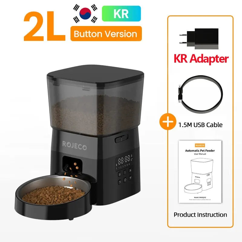 ROJECO Automatic Pet Feeder – 2L Smart Button Control Cat & Dog Food Dispenser | US/EU/KR Plug