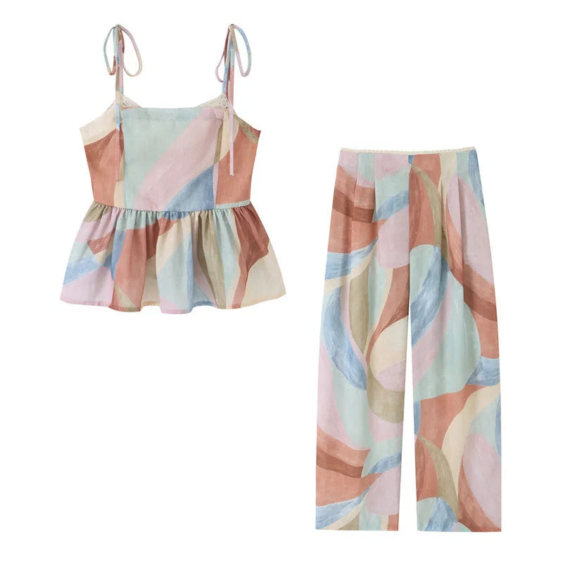 Pastel Cami & Wide-Leg Pants Set — Ruffle 2-Piece Outfit