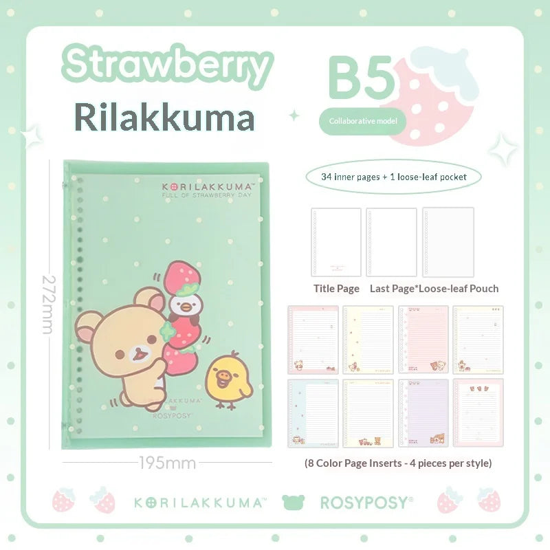 Rosyposy Korilakkuma Strawberry B5 Loose Leaf Notebook Soft Cover Cute Journal For Daily Study Writing Note Taking