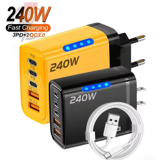 240W 5 in 1 USB C GaN Desktop Charger Fast Charge Phone Adapter 10A Type C Cable For iPhone Samsung Xiaomi EU/US/UK Plug Charger
