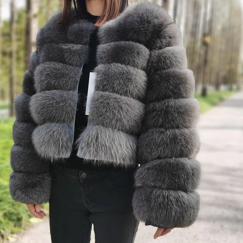 Women's Fox Fur Coat with Detachable Sleeves