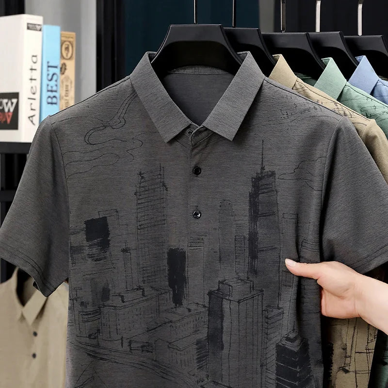 Men's Sketch-Print Polo Shirt - Soft Stretch Lapel, Loose Fit