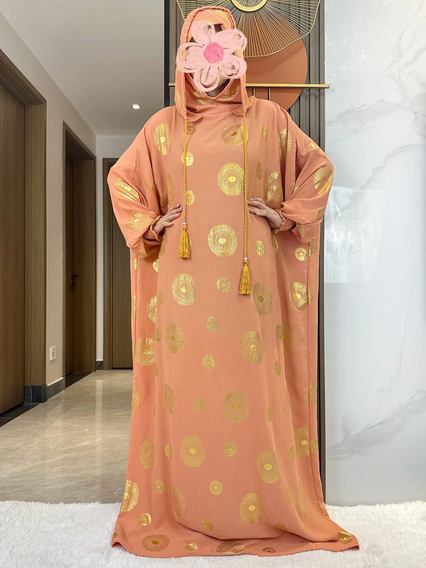 Women's Cotton Embroidered Abaya Kaftan – Gold Dust Shimmer, Loose Fit, All-Season Muslim Dress