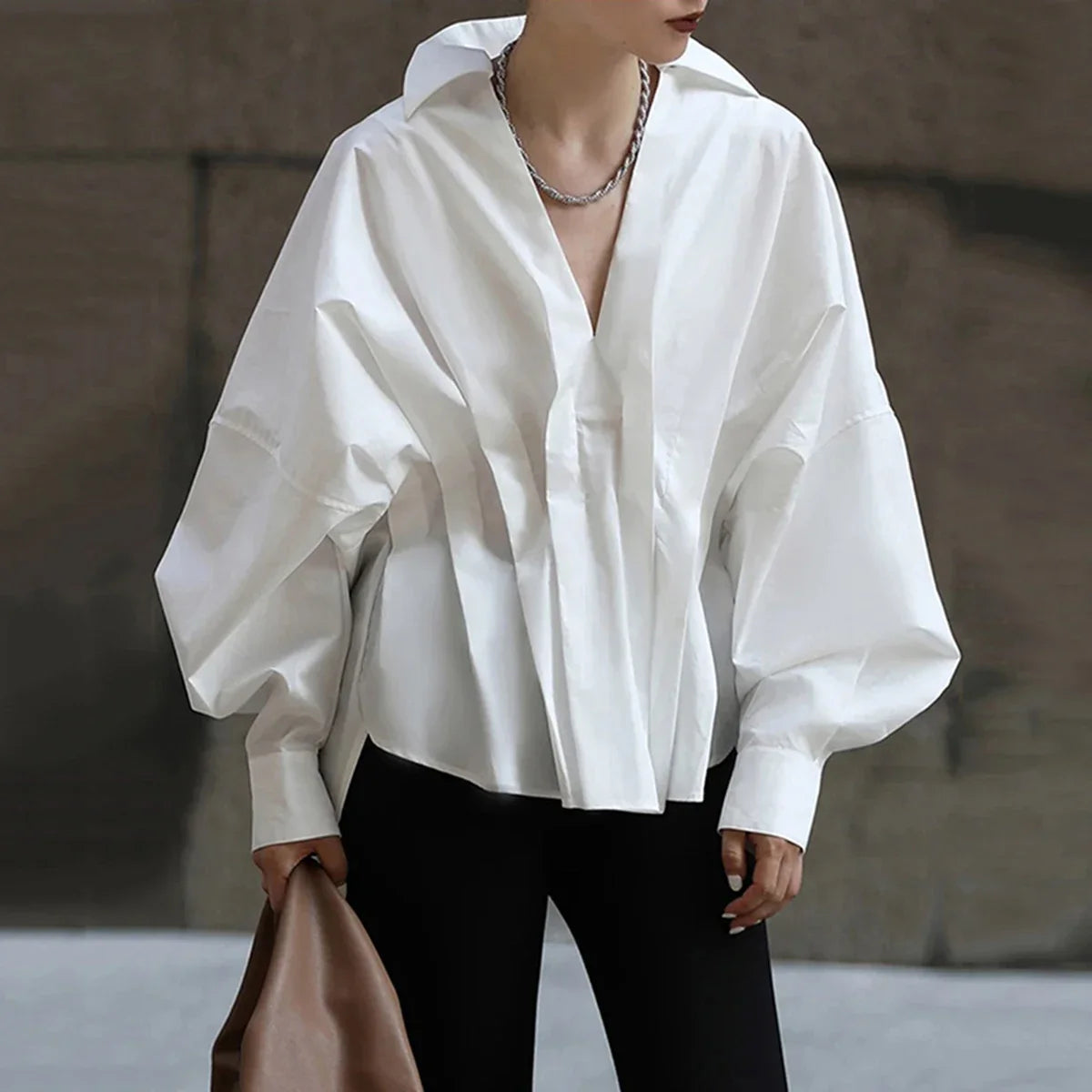 Missuoo Women's Solid Black Oversized V Neck Cotton Blouse 2026 Casual Batwing Sleeve Gathered Waist Buttonless Shirt Top