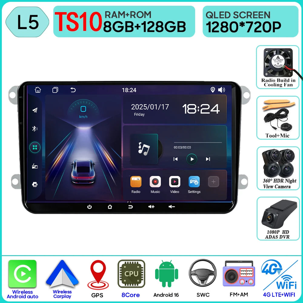 9" Android Car Stereo for VW T5, Jetta, Passat B6, Golf MK6, Tiguan, Touran, Scirocco & Skoda Rapid, Octavia, Seat Leon — CarPlay, GPS