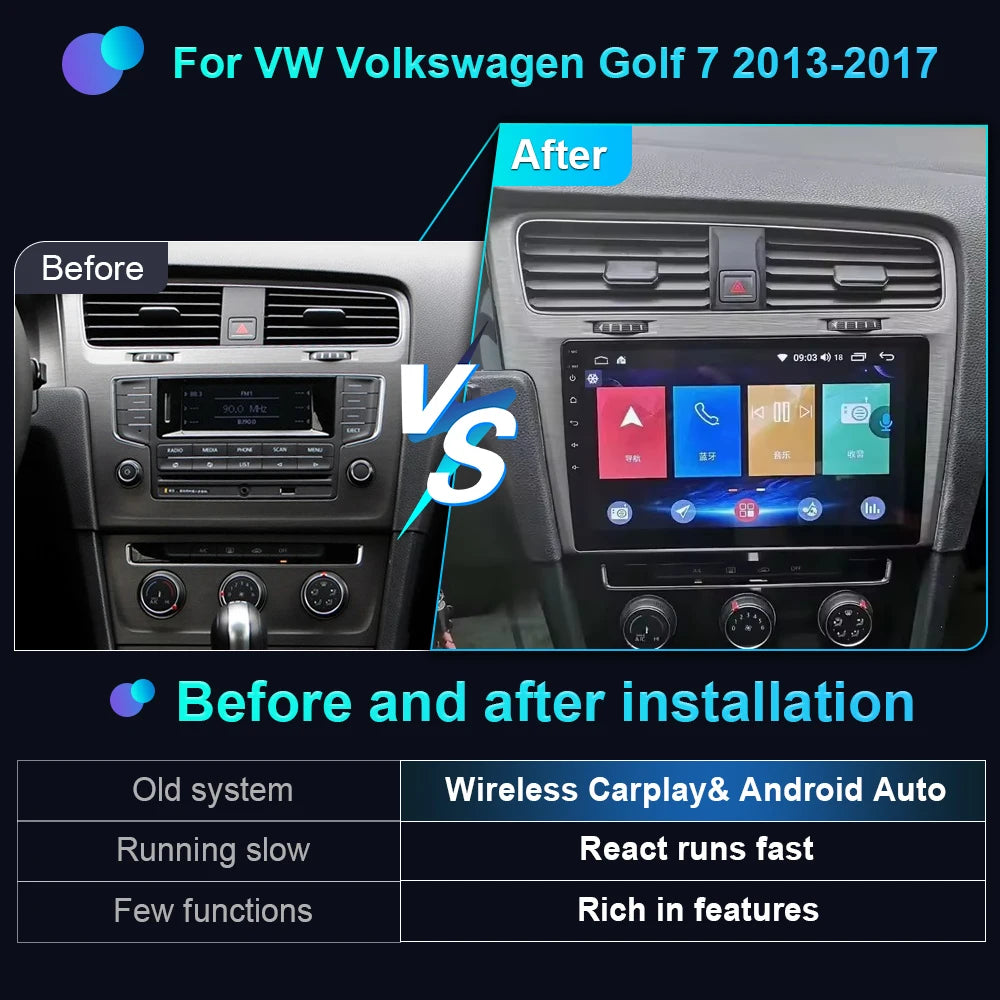 Android Car Stereo for VW Golf 7 MK7 GTI (2012–2021, RHD) — CarPlay, Android Auto, GPS, 2-DIN