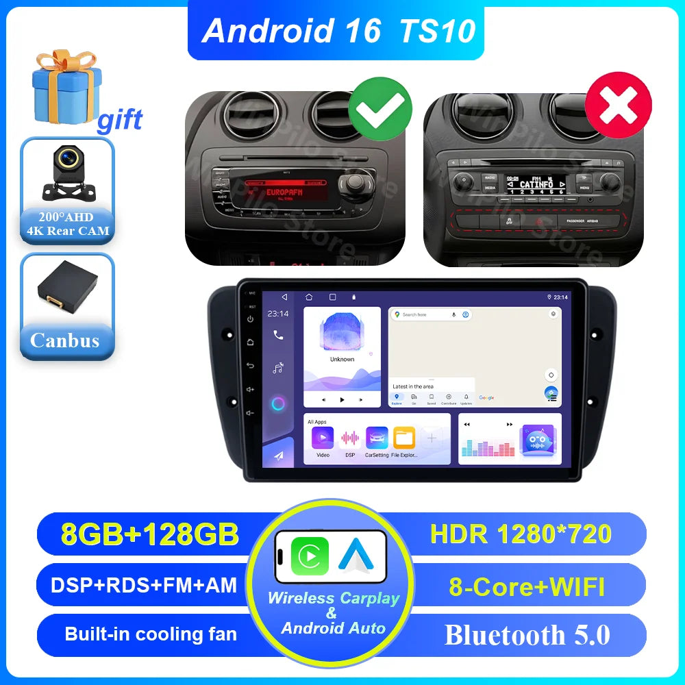 9" Android Car Stereo for Seat Ibiza MK4 6J (2008–2015) — CarPlay, Android Auto, GPS, 4G, WiFi