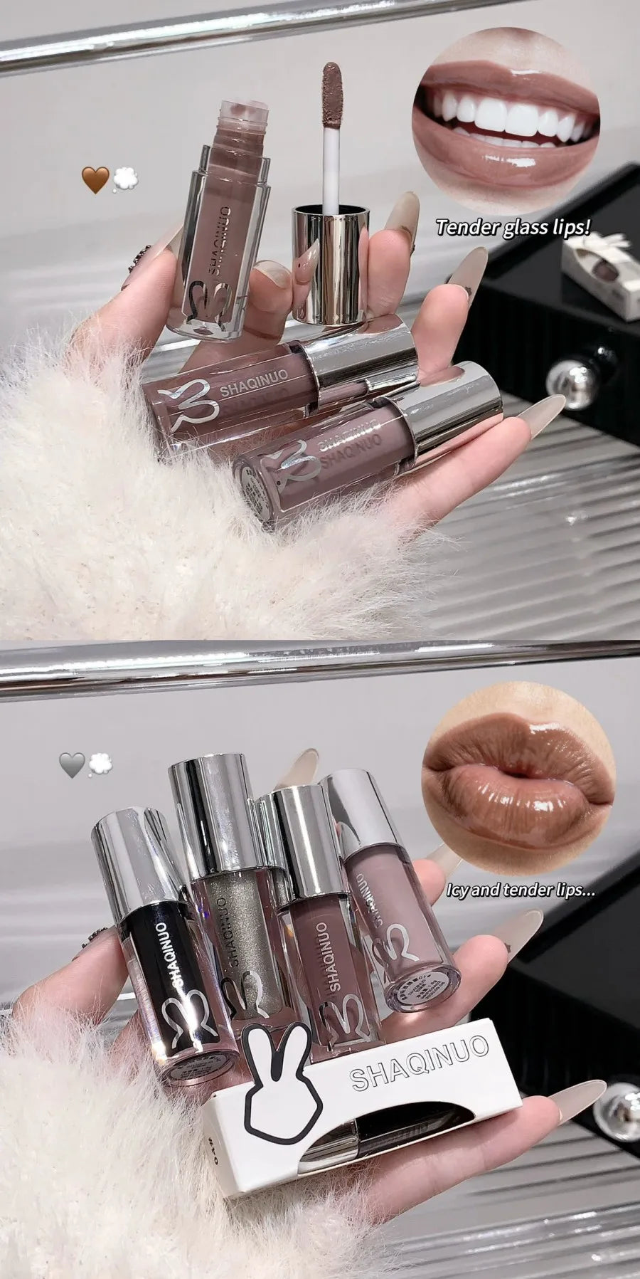 SHAQINUO Water Light Mirror Lip Gloss Lasting Moisturizing Cool Black Silver Gray Pearlescent Fine Sparkling Lipstick Lip Oil
