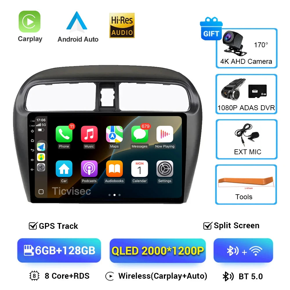 Car Stereo with Apple CarPlay & Android Auto, Compatible with Mitsubishi Mirage & Attrage (2012-2018)
