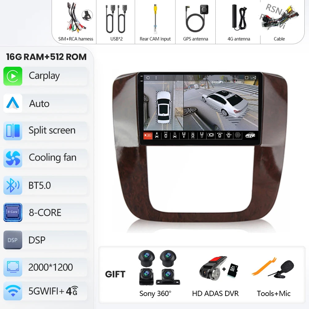 Android 16 Car Radio For GMC Yukon Chevrolet Tahoe Suburban 2008-2012 Carplay Multimedia Video Player Navigation Stereo Wifi+4G