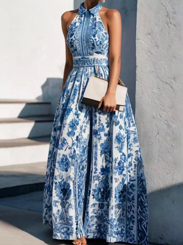 Elegant Women's Retro Flower Print Summer Evening Dress