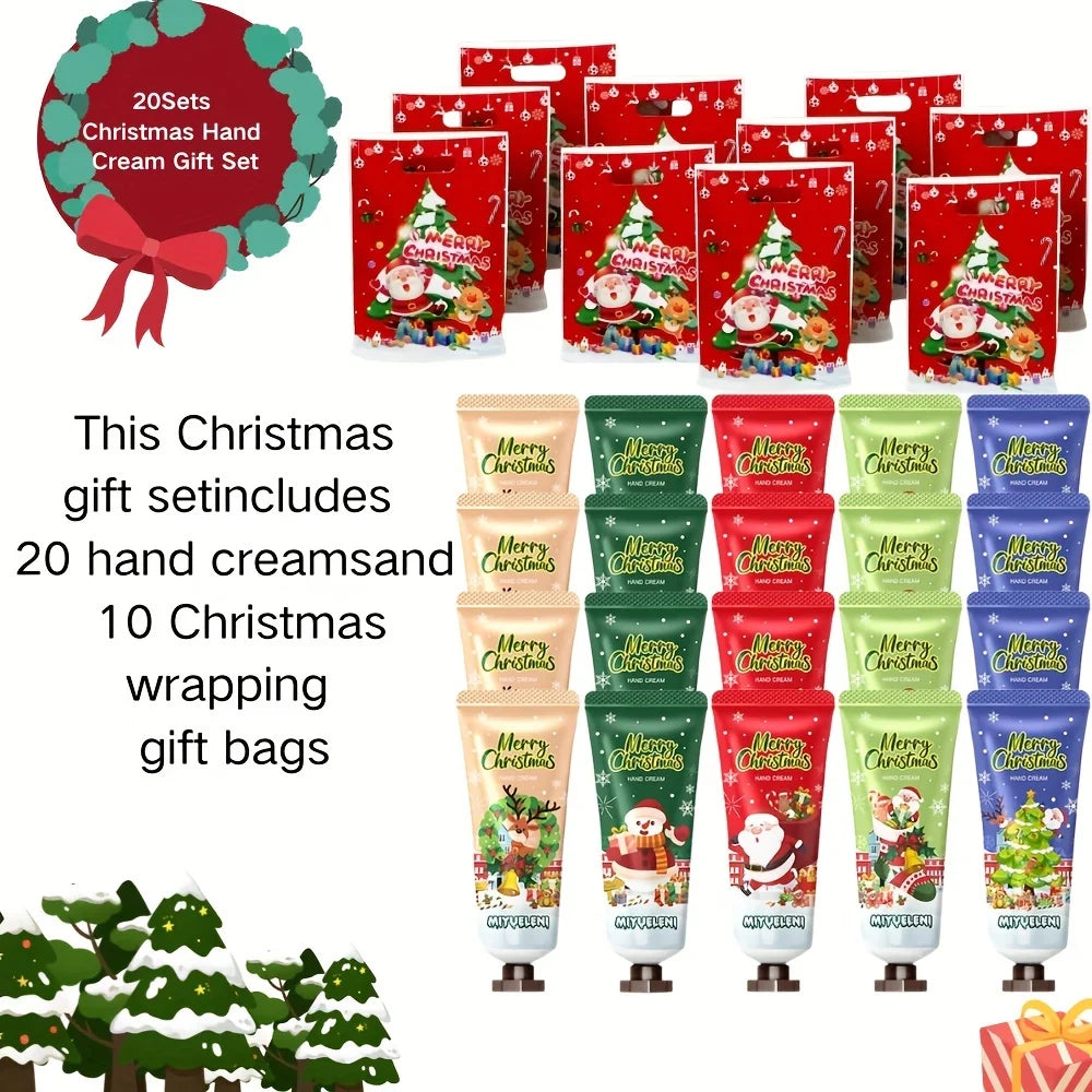20 PCS Christmas Hand Cream +10 PCS Gift Bags Set, Christmas Gift Kit, Hand Cream with Aloe & Vitamin E, Cream Texture
