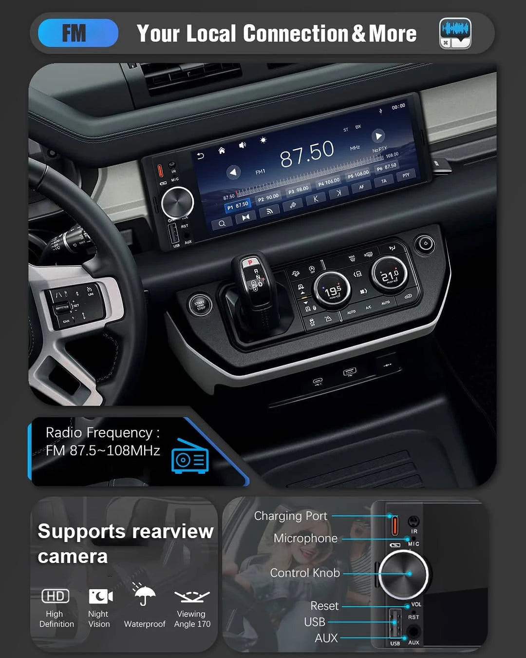 6.86" 1-DIN Universal Car Stereo — Wireless CarPlay, Android Auto, Bluetooth, USB/AUX