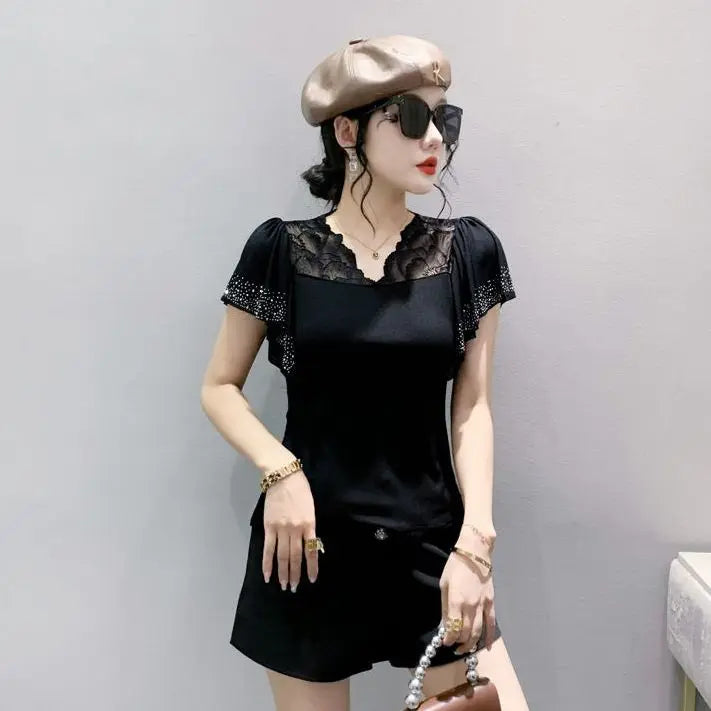 Women Casual Diamonds Lace T Shirts Summer 2026 Korean Fashion Y2k Clothes Slim V Neck Harajuku Sexy Ladies Streetwear Tops Tees