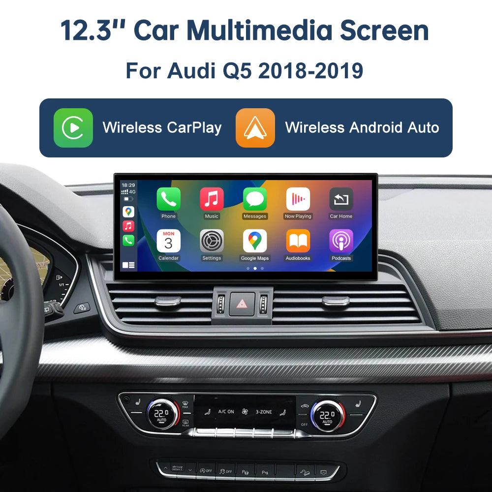 12.3" Touchscreen Display for Audi Q5 MIB (2018–2019) — Wireless CarPlay, Android Auto, AirPlay, Miracast